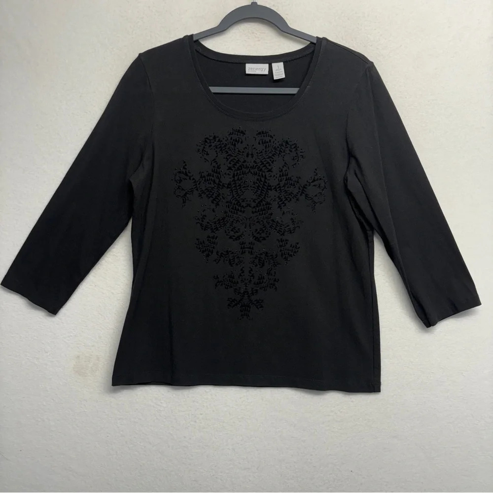 Zenergy Chico's Black Long Sleeve Shirt 1 / S Floral Shadow Detail